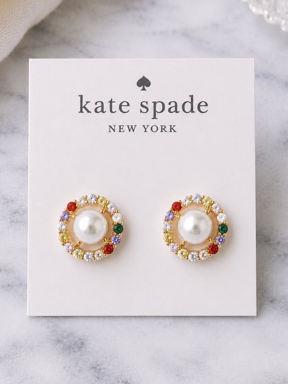 Kate Spade Multicolor Crystal Pearl Stud Earrings Gold Rainbow Statement